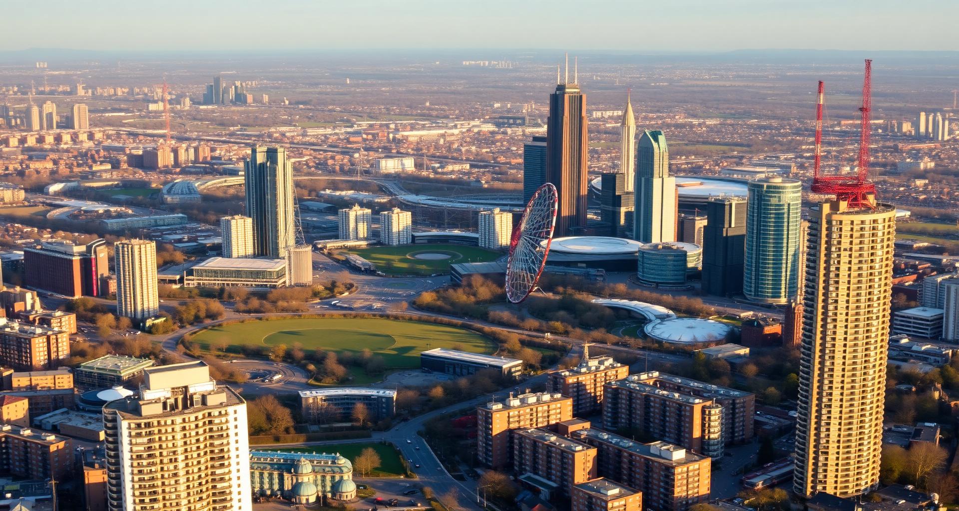 Aerial view of Stratford with Olympic Park and modern East London skyline