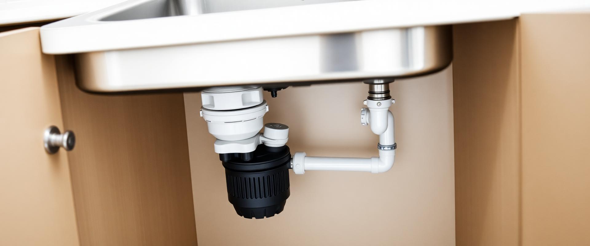 Kitchen waste disposal unit installed under stainless steel sink with plumbing connections